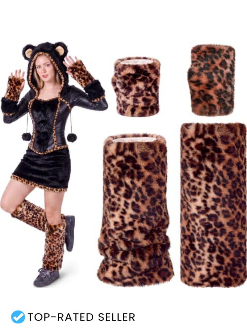 Leopard Fluffy Leg Warmers & Fur Gloves Set Y2K Costume Accessories